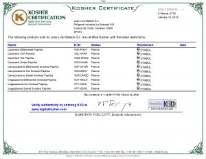 Foto certificado Kosher pimentón de la Vera